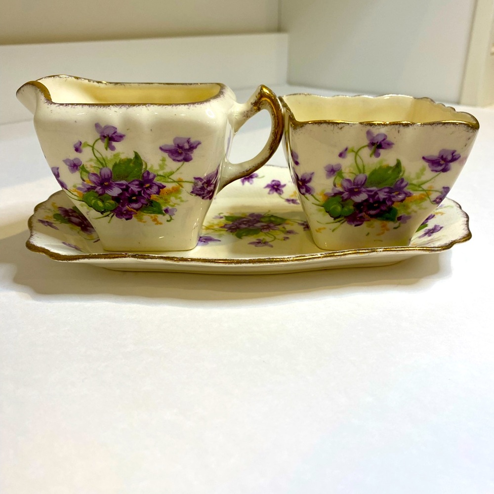 Vtg James Kent Bone China Cream, Sugar and Tray to Hold Both Purple Flowers